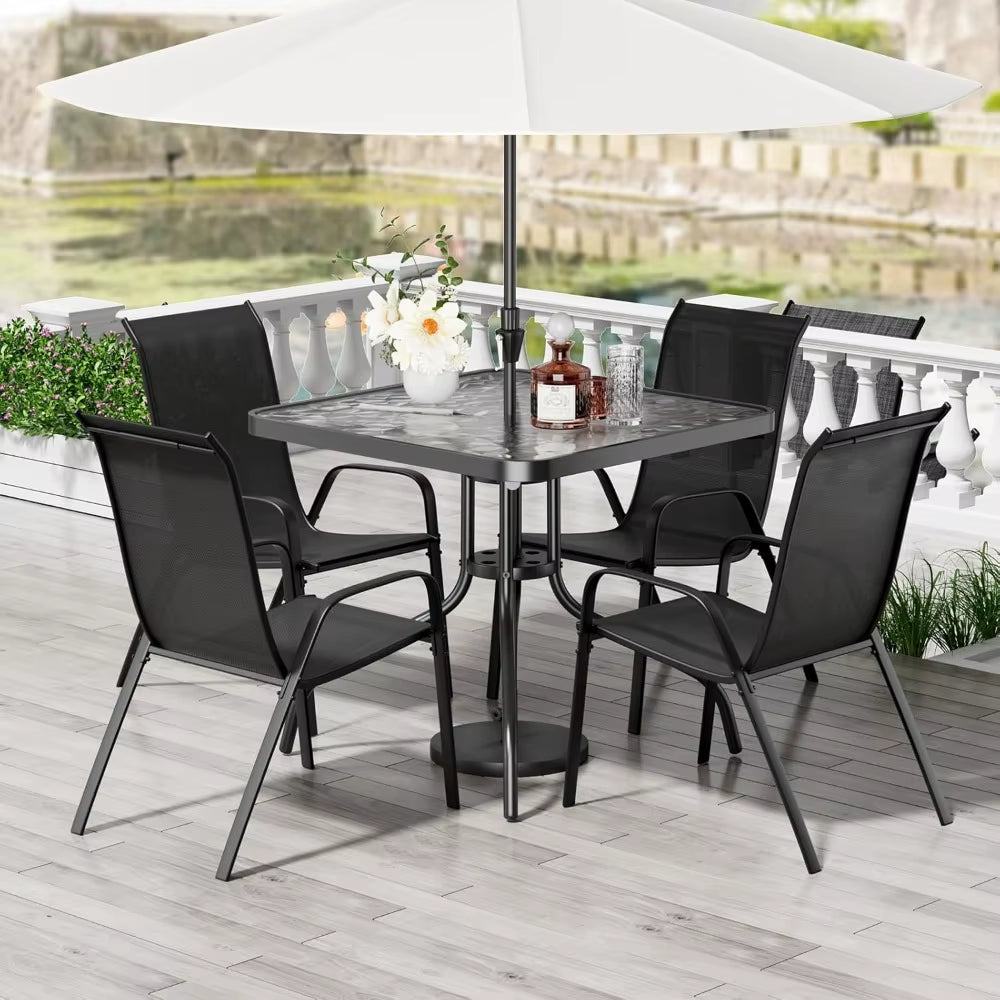 TLSUNNY Patio Dining Set 5 Pieces, All Weather Outdoor Furniture W/30X 30 Table and 4 Stackable Textilene Chairs, Metal Table An