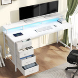 Adjustable Gaming Computer Desk (40-47 Inches) with 4 Storage Drawers, Integrated Power Outlets, and LED Lighting for Home Office Use