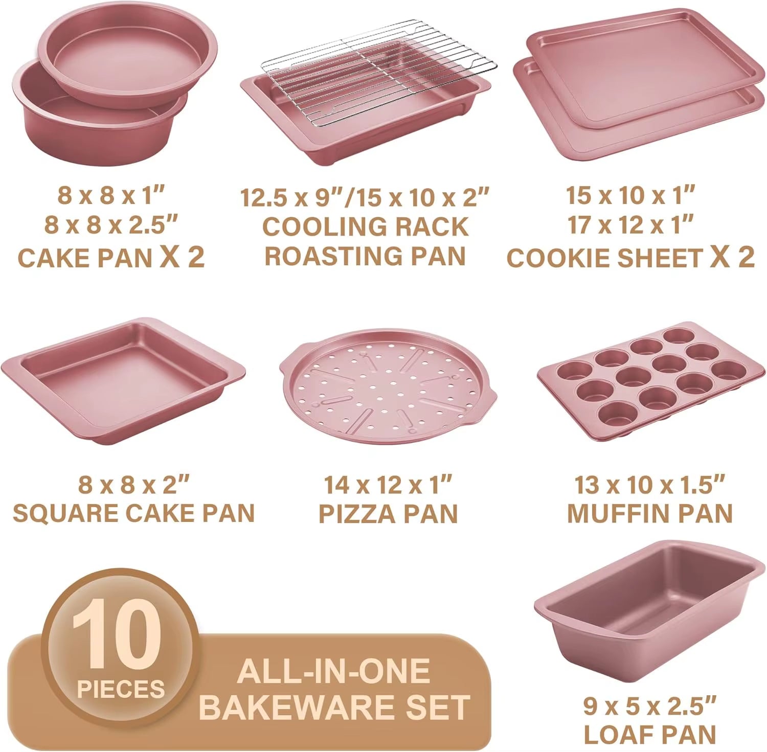 10-Piece Nonstick Baking Pan Set with Cooling Rack, Cookie Sheet, Cake Pans, Loaf & Muffin Pan - Pink