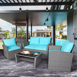 4 Pieces Patio Furniture Set, All Weather Outdoor Sectional Rattan Sofa Set with Cushions & Tempered Glass Table, Wicker Convers