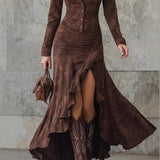 Vintage Slim Long Dress Women 2025 Spring Fall Long Sleeve Bodycon A-Line Maxi Dresses Elegant Robes Femme