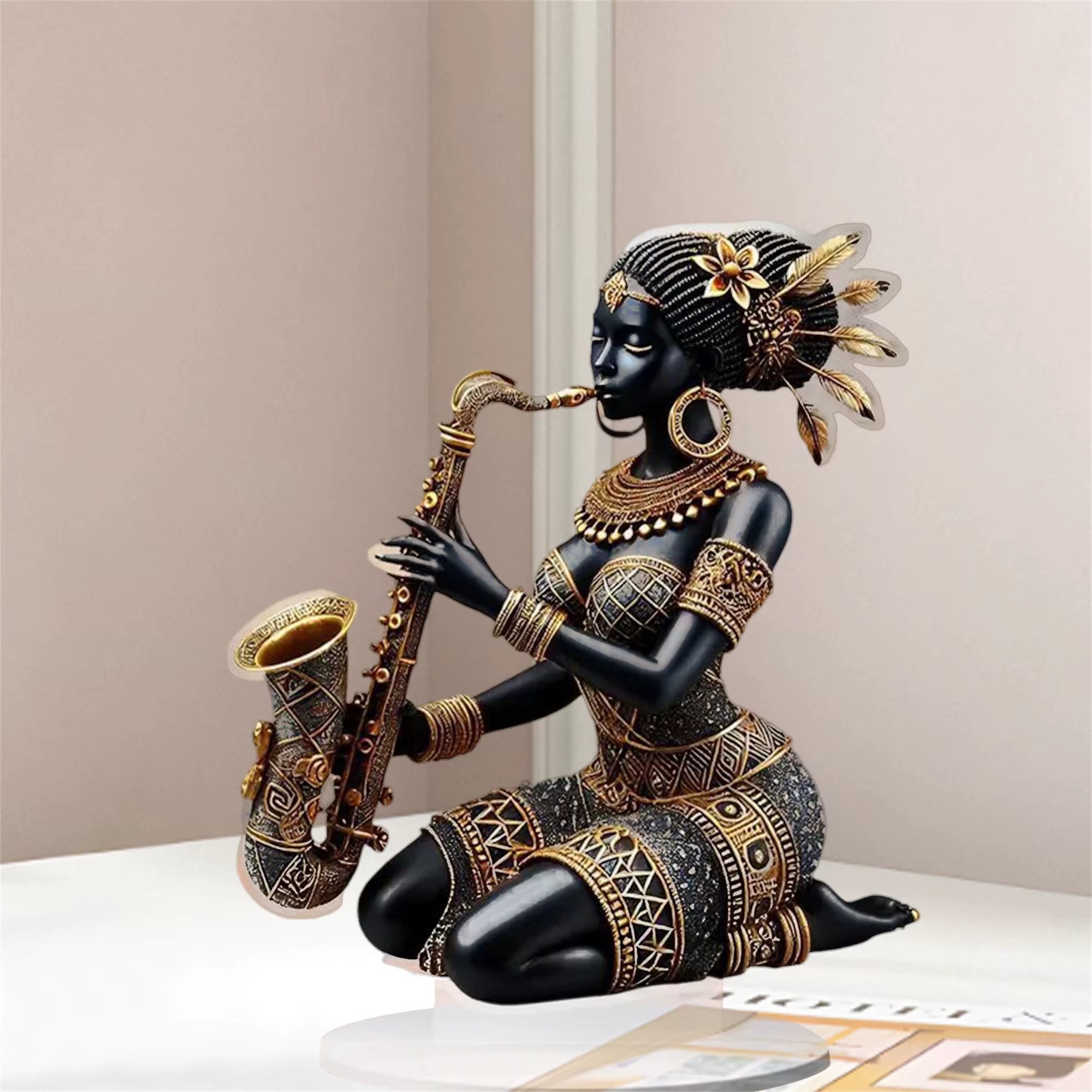 African Lady Figurine Sculpture with Saxophone Musical Instrument Handcrafted Tribal Art Statue for Home Office Decor And