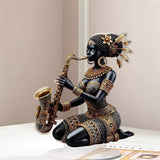 African Lady Figurine Sculpture with Saxophone Musical Instrument Handcrafted Tribal Art Statue for Home Office Decor And
