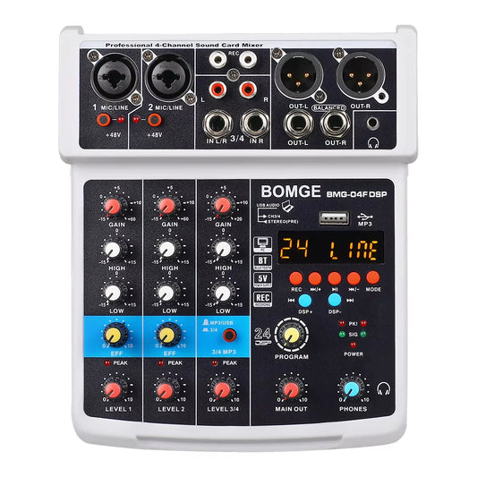 B 4 Channel 24 DSP DJ Audio Sound Mixer Interface Mixing Console Desktop Karaoke with MP3 Input USB Bluetooth Input Stereo