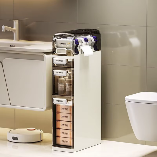 4-Layer Slim Bathroom Floor Cabinet Narrow Storage Cabinet Plastic with Wheels and Shelves for Living Room/Kitchen/Bathroom