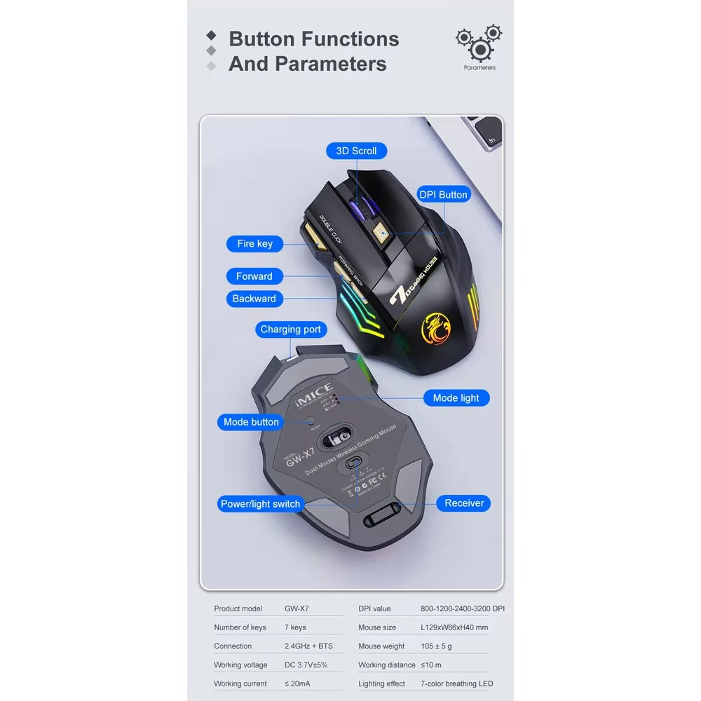 7-Key 2.4G Silent Rechargeable Colorful Breathing Light Wireless Gaming Mouse without Double Clicking Gaming Accessories