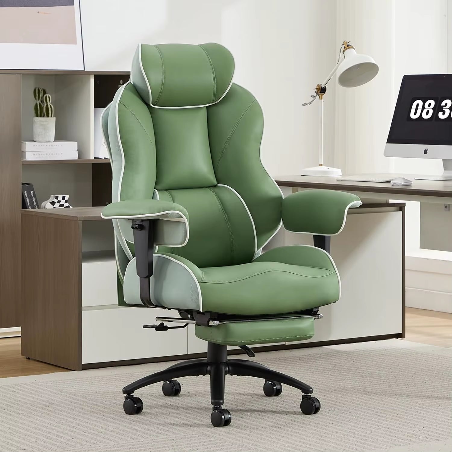 Big and Tall Ergonomic Executive Office Chair with Footrest and Lumbar Support, High Back PU Leather Design