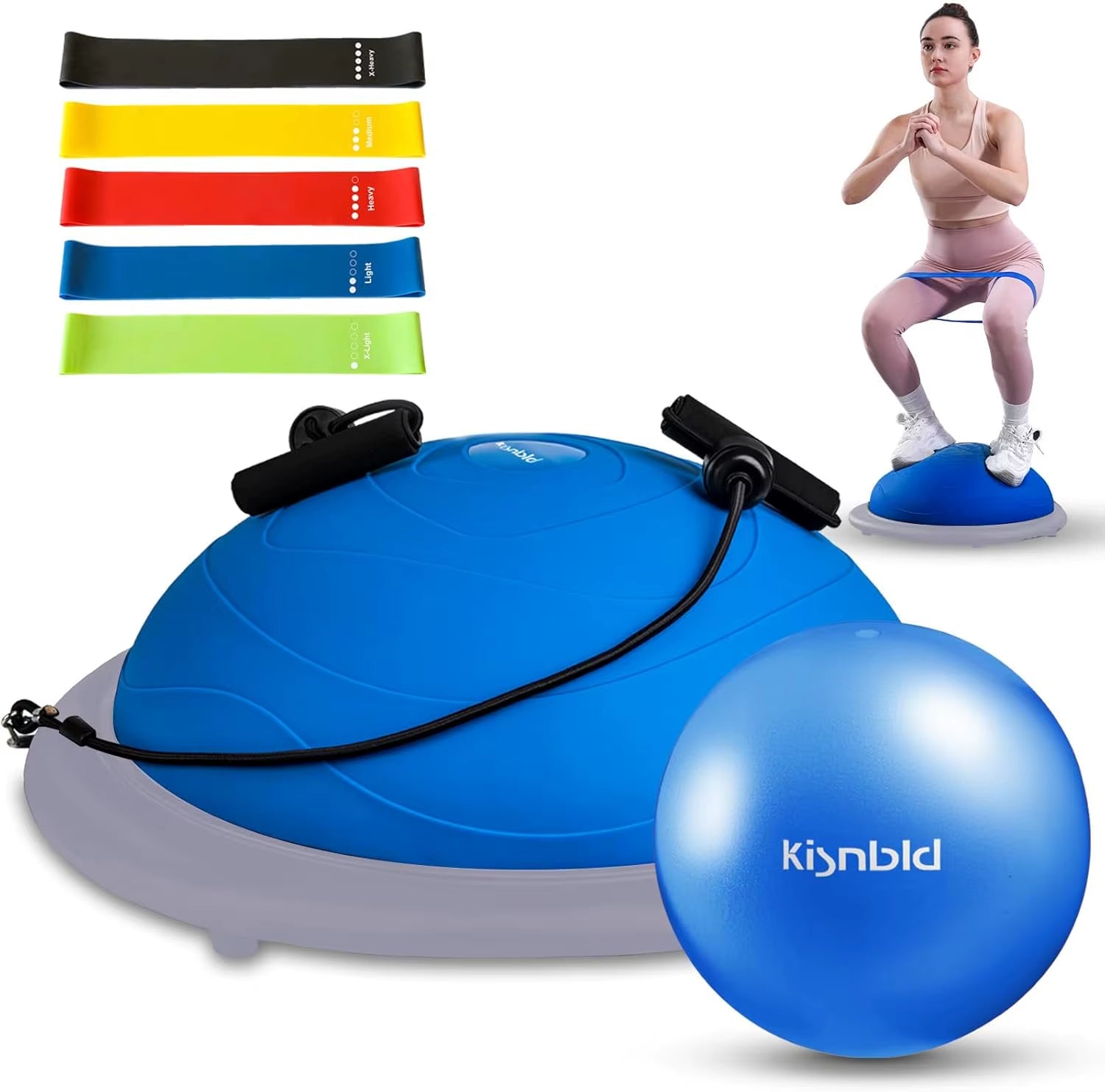 Half Balance Ball Trainer, Inflatable 19/23 Inch Half Exercise Ball with Resistance Bands and Pilates Ball