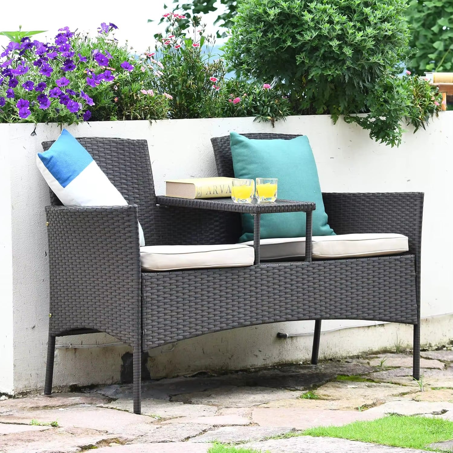 Outdoor Rattan Loveseat, Patio Conversation Set with Cushions & Table, Modern Patented Wicker Sofa Set With, Customized