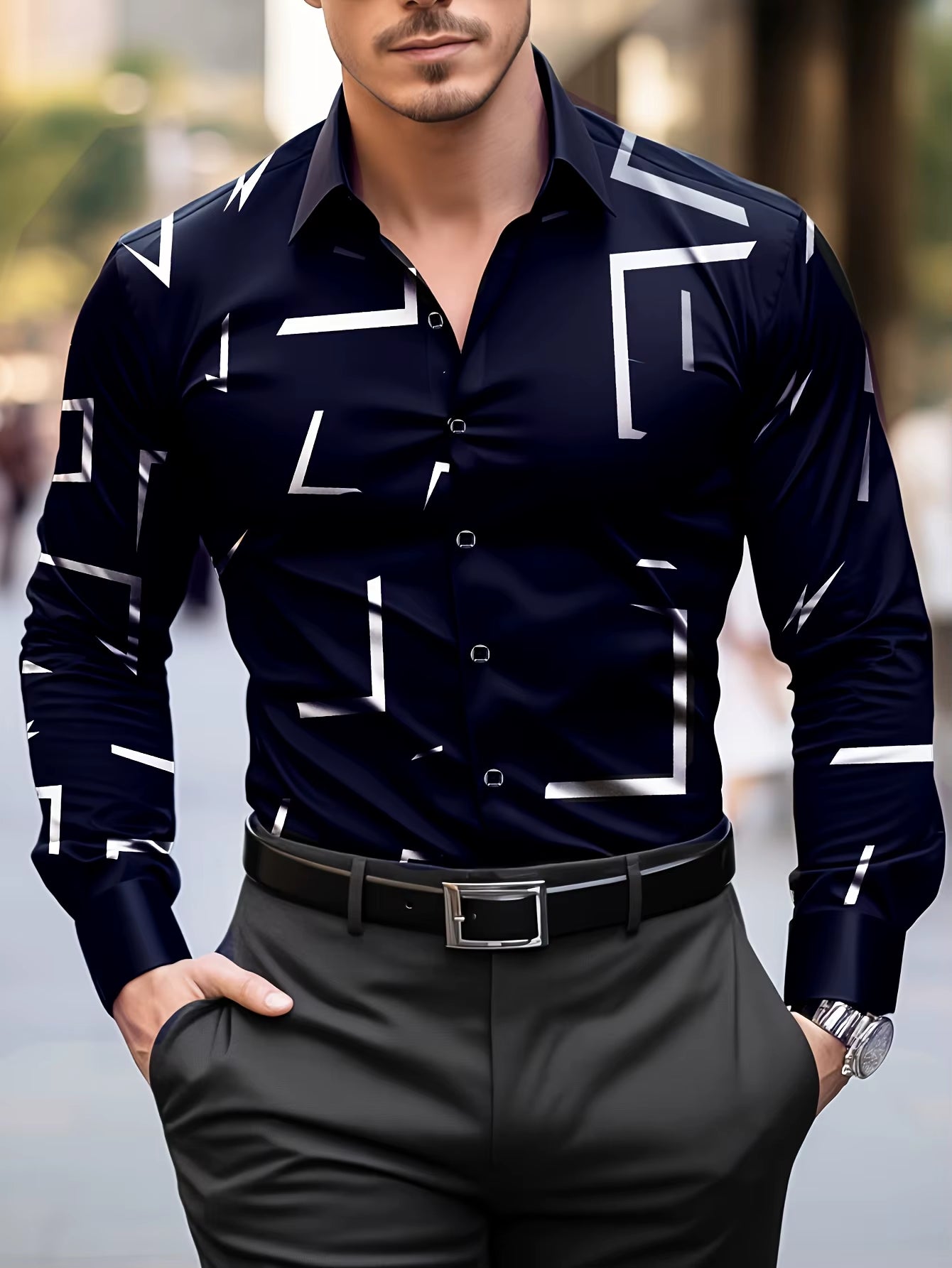 Fashion Men'S Casual Regular Fit Geometric Pattern Long Sleeve Solid Color Polyester Button Lapel Shirt,Non-Stretch Fabric