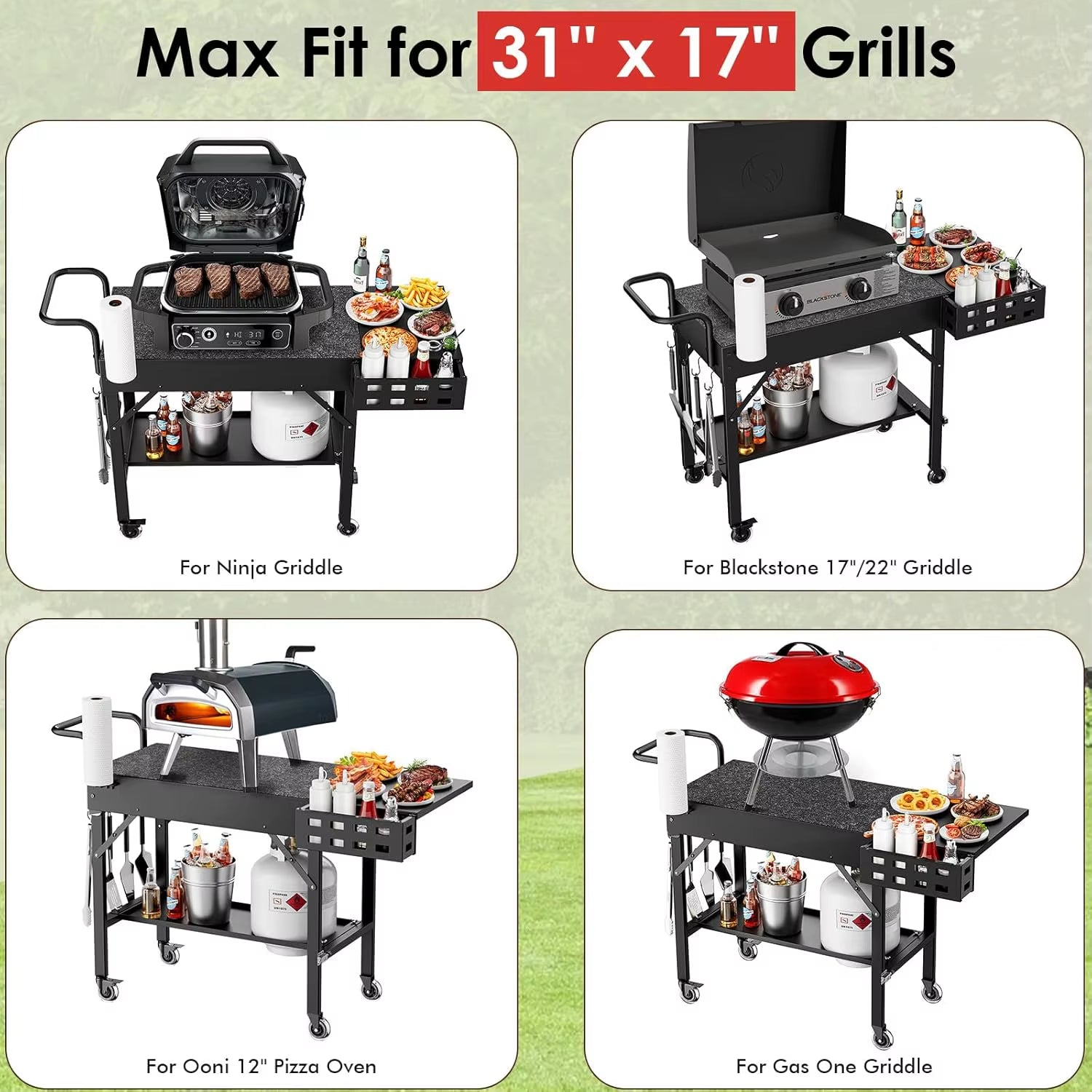 Portable Foldable Outdoor Grill Cart with Wheels, Fits 17-22 Inch Griddles, BBQ Prep Table Seasoning Tray