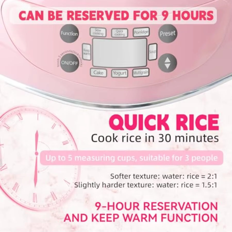 Peach Heart Shape 8 Cup Rice Cooker 4 Cup Uncooked Multifunctional Pink 300W with Preset Timer 1.8L