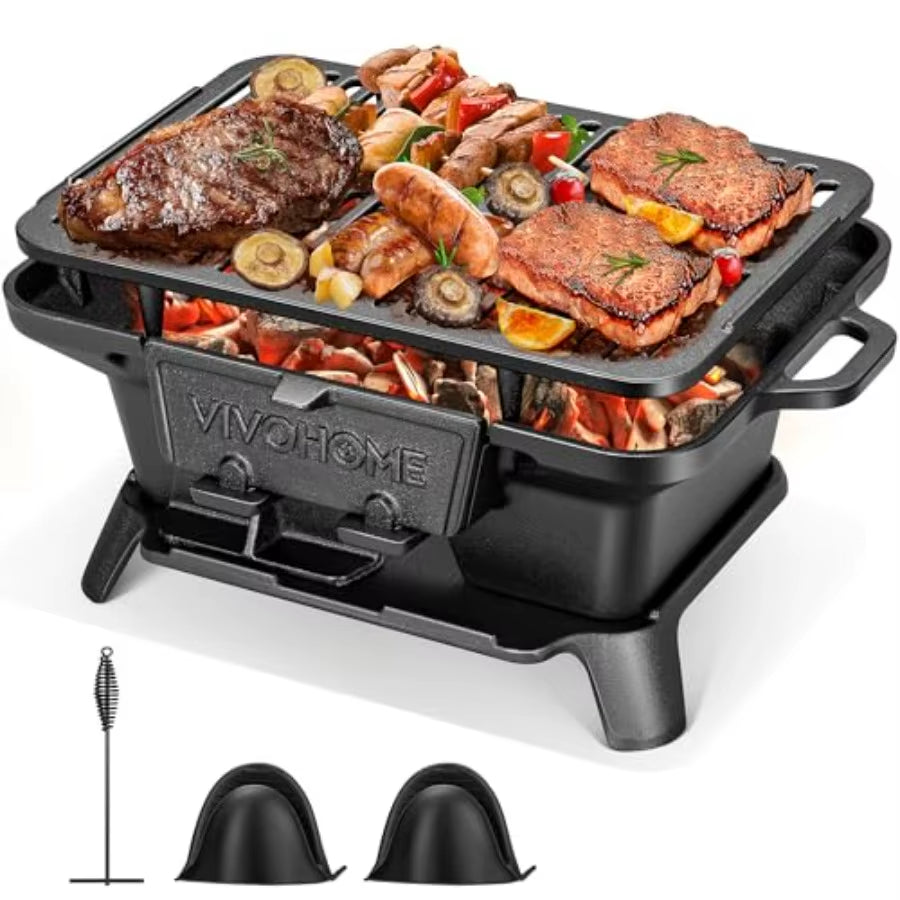 VIVOHOME Rectangle Cast Iron Charcoal Grill with Stainless Steel Double-Sided Grate Portable Outdoor BBQ Grill Compact Tabletop