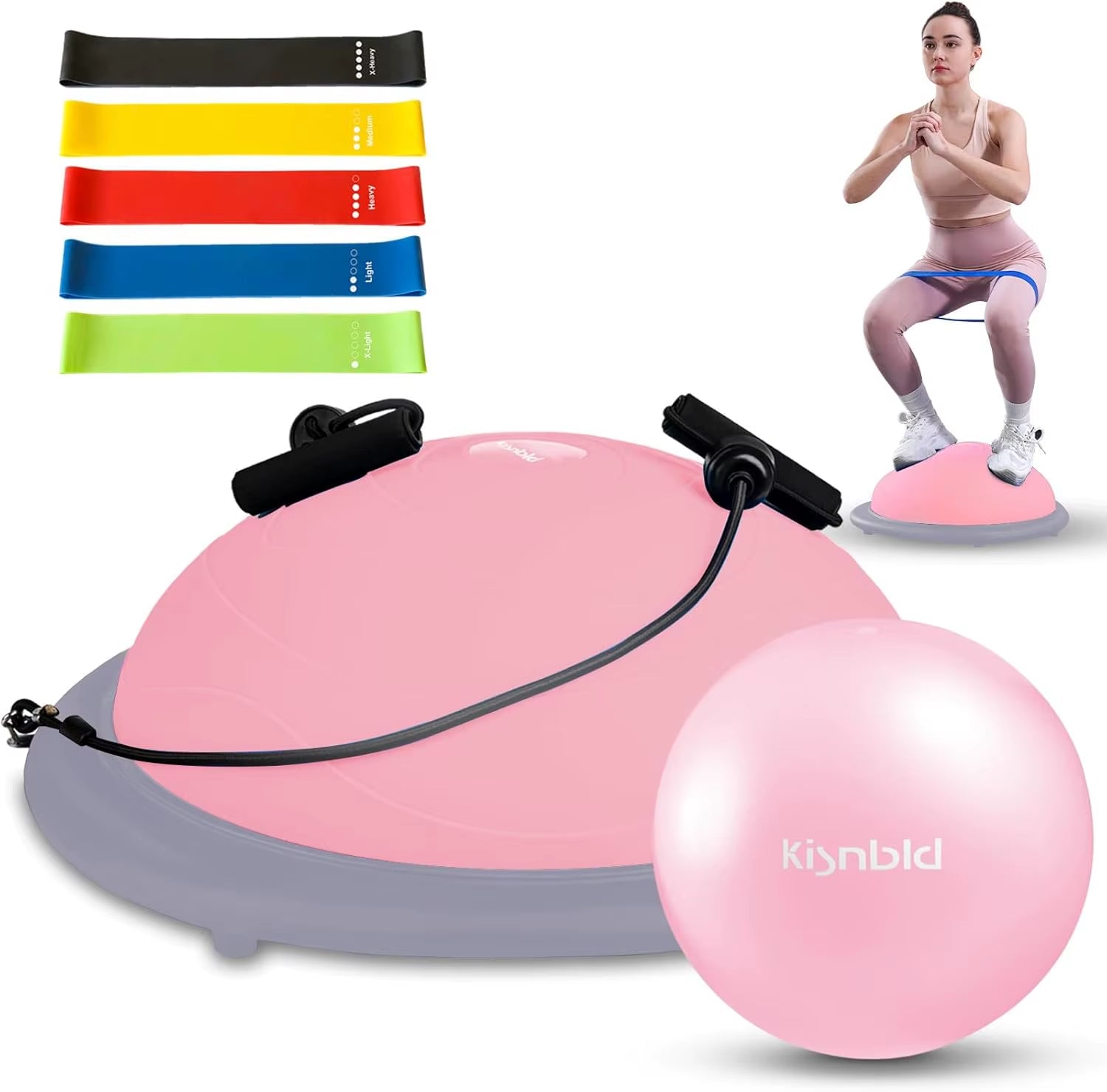 Half Balance Ball Trainer, Inflatable 19/23 Inch Half Exercise Ball with Resistance Bands and Pilates Ball