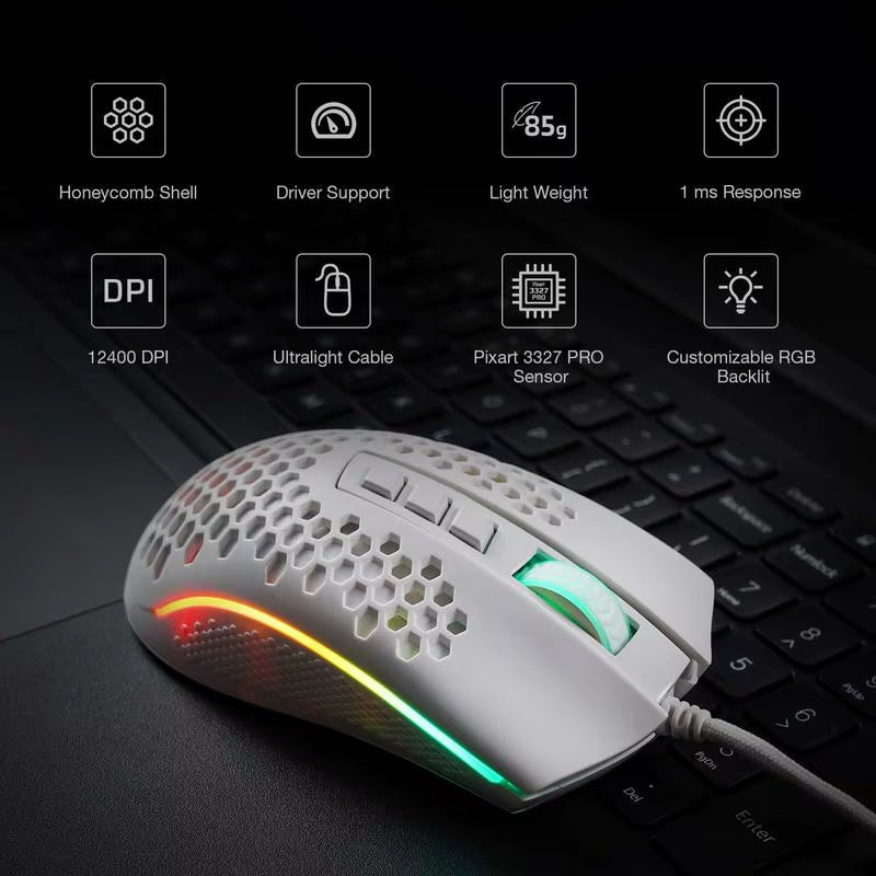M808 Storm Lightweight RGB LED USB Gaming Mouse 12,400 DPI Optical Sensor 7 Programmable Buttons Precise Regist