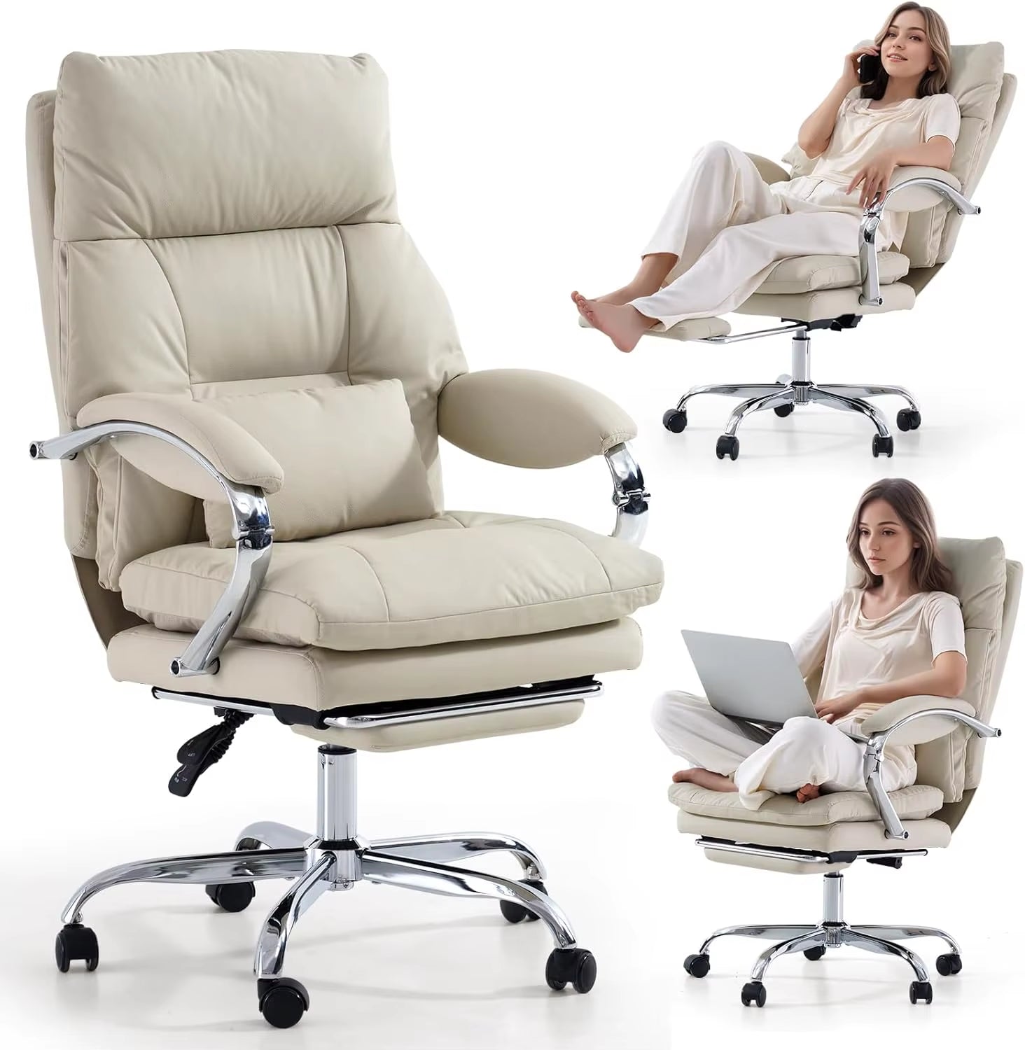 Ergonomic Executive Office Chair with Footrest, High Back PU Leather, Adjustable Recline, and Swivel Design