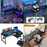 48.1-Inch LED-Illuminated Gaming Desk with Power Outlets and Storage, Reversible Design for Versatile Use in Compact Spaces or Dormitories