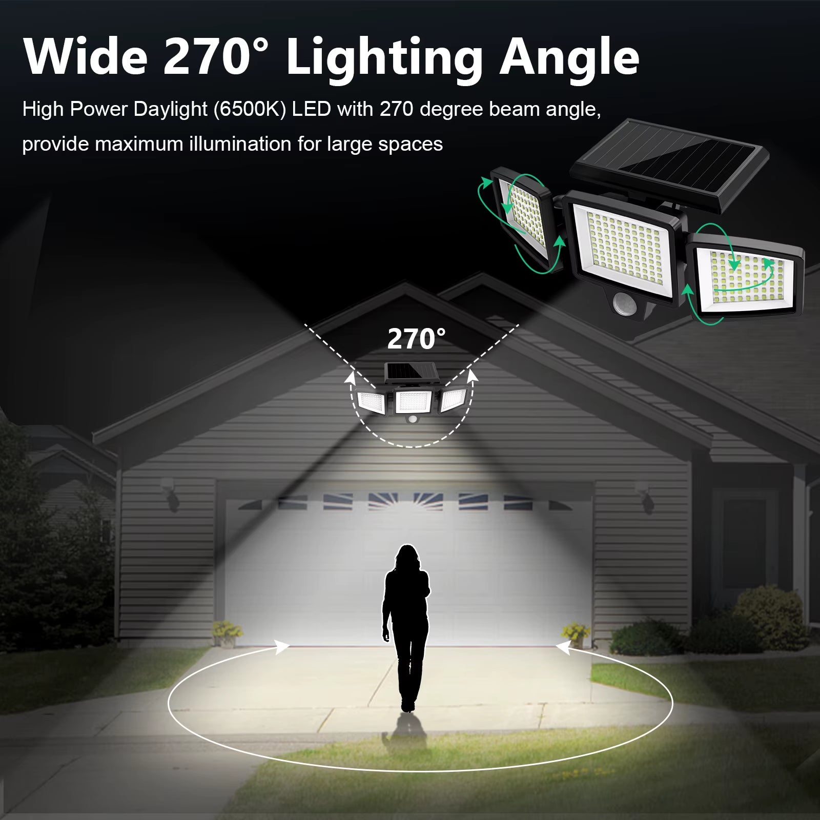 Outdoor Waterproof Solar Light with Motion Sensor 3-Head 200+ Leds Security Light for Porches Garages Yard Entrances
