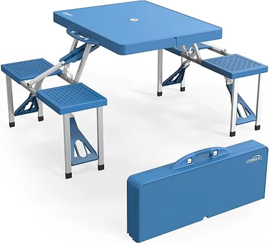 4Ft Folding Camping Picnic Table with Seats/Umbrella Hole-265 Lbs Support That Lightweight and Fold up Card Suitcase Table Alum