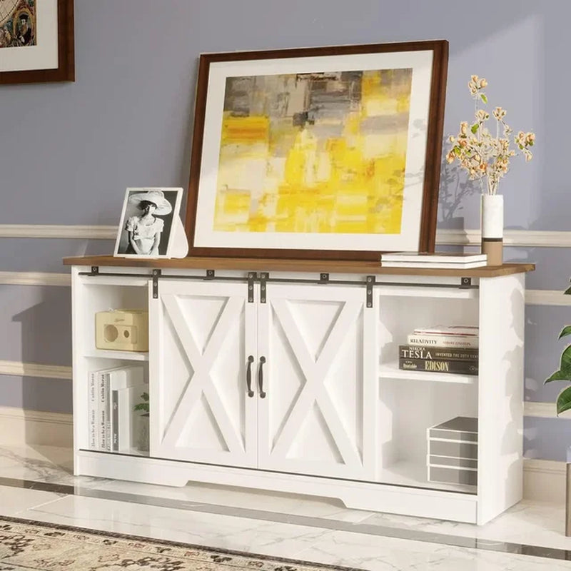 White TV Stand for 65 Inch for Living Room, Modern Farmhouse Barn Door with Storage Cabinets and Adjustable Shelves TV Stand