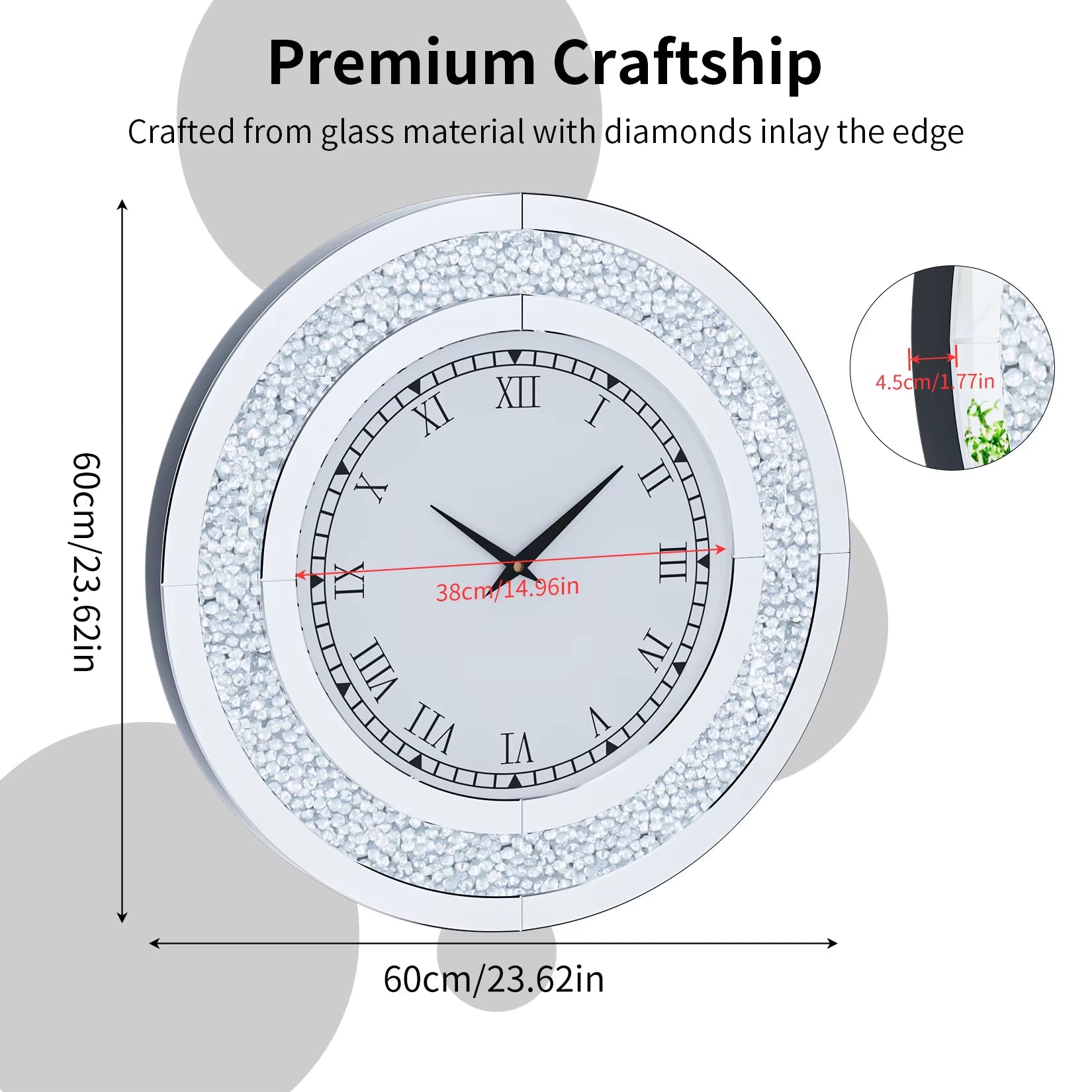 60/80CM Bling Silver round Mirror Clock Glam Sparkle Twinkle Shining Mirrored Wall Clock for Home Decor