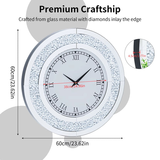60/80CM Bling Silver round Mirror Clock Glam Sparkle Twinkle Shining Mirrored Wall Clock for Home Decor