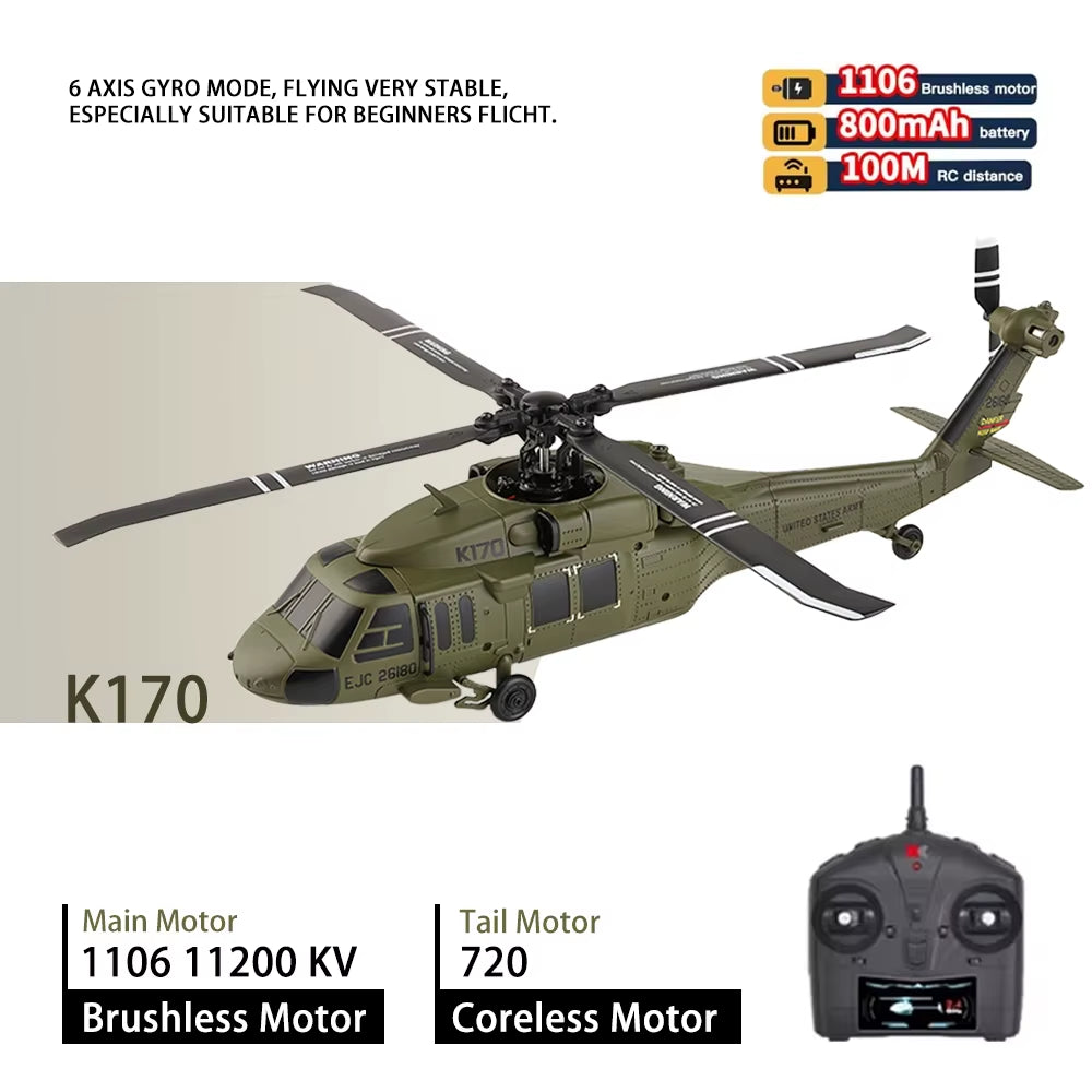 Wltoys K170 RC Helicopter with Gyro UH-60L 4CH Remote Control Brushless Helicopters with LED Light Airplane Toys for Kids
