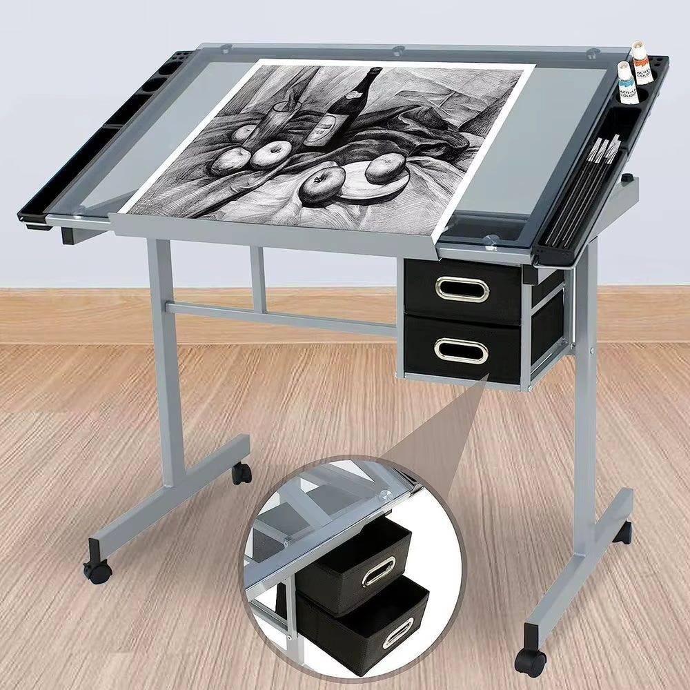Adjustable Glass-Top Drafting Table with Dual Drawers and Mobility for Artistic and Professional Use in Home or Office