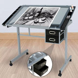 Adjustable Glass-Top Drafting Table with Dual Drawers and Mobility for Artistic and Professional Use in Home or Office