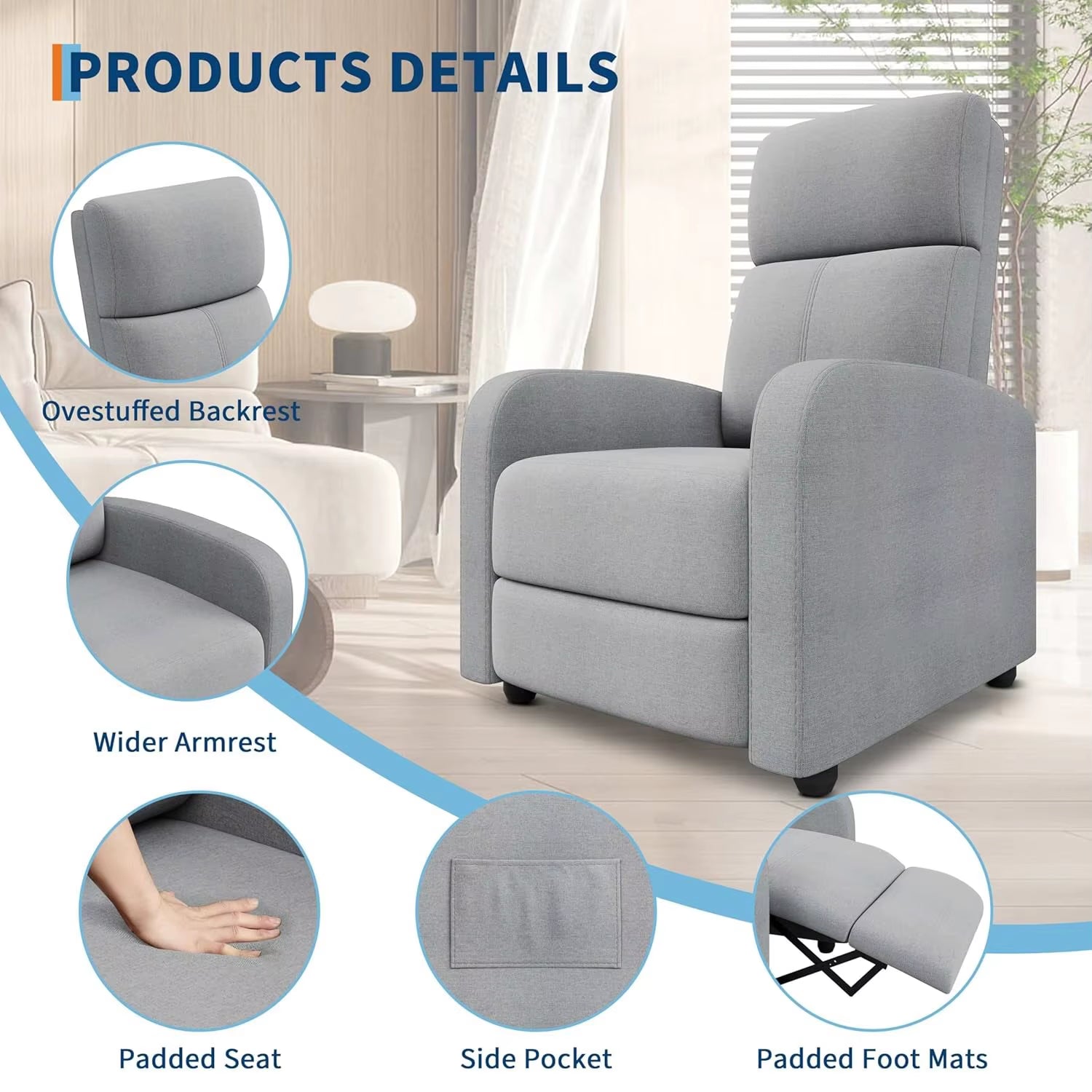 Push Back Recliner Chair for Adults, Lazy Adjustable Single Sofa with Side Pocket Ergonomic Home Theater Seating for Living Room