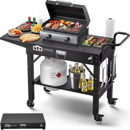 Portable Foldable Outdoor Grill Cart with Wheels, Fits 17-22 Inch Griddles, BBQ Prep Table Seasoning Tray