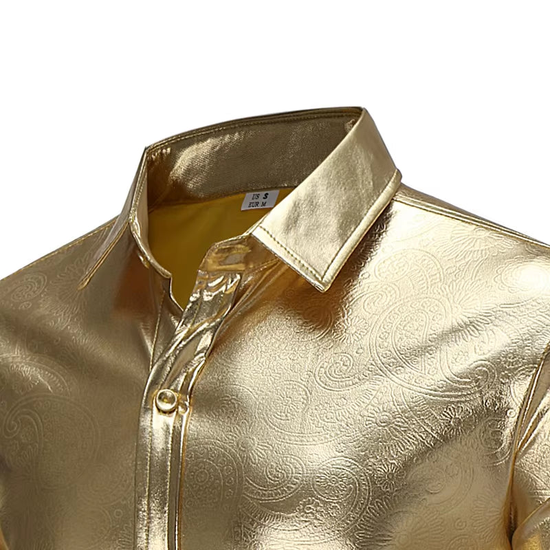 Gold Shining Men'S Long Sleeve Shirt, Stage Performance Costume, Fashion Casual Shirts,European Size S-Xl,Silver Black Available