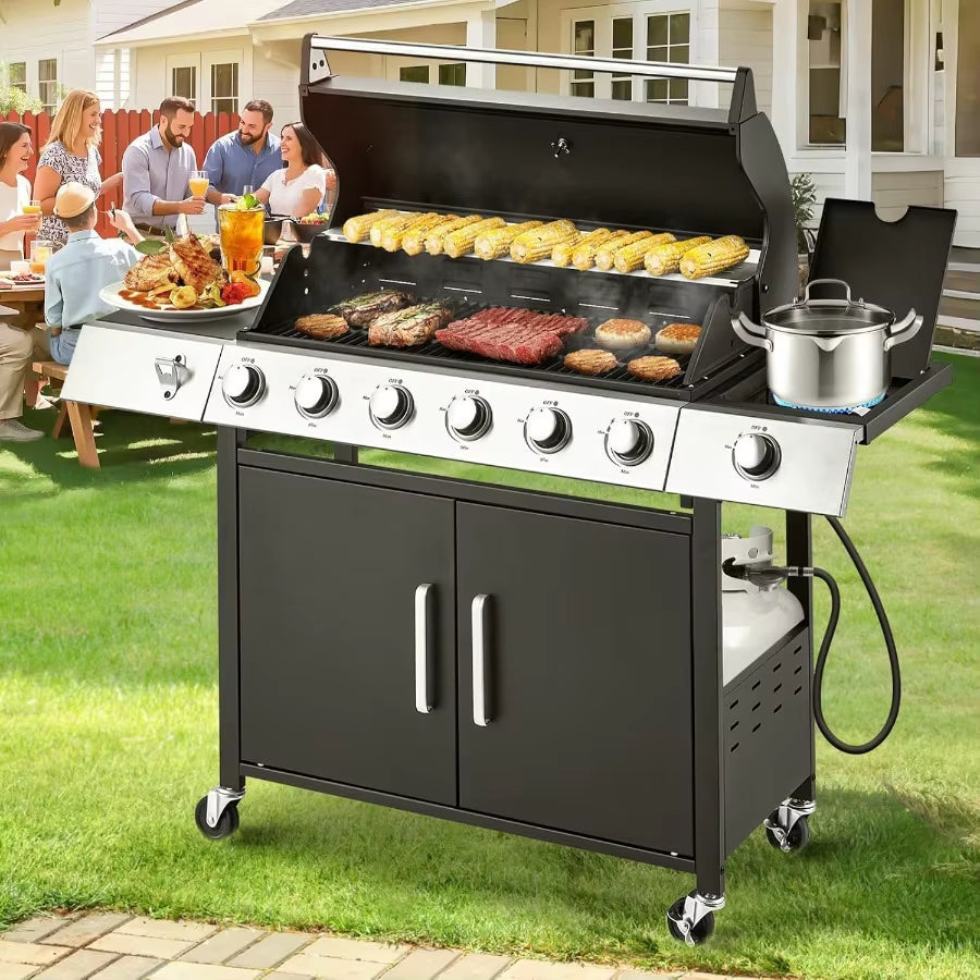 60000 BTU Stainless Steel 6 Burner Propane BBQ Grill with Side Stove Cast Iron Grates for Patio Camping Outdoor Cooking in Blac