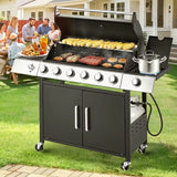 60000 BTU Stainless Steel 6 Burner Propane BBQ Grill with Side Stove Cast Iron Grates for Patio Camping Outdoor Cooking in Blac