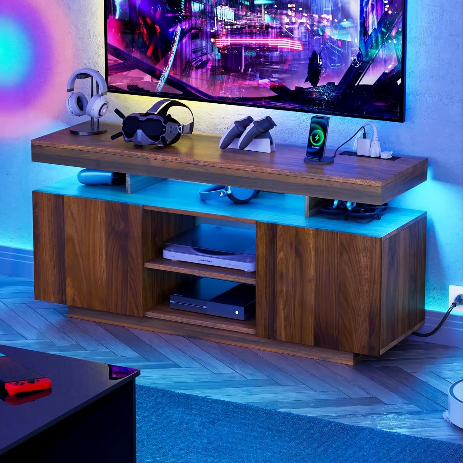 LED TV Stand for 55/50/43/40/32 Inch TV - Modern Entertainment Center with Power Outlets, Gaming Console Cabinet