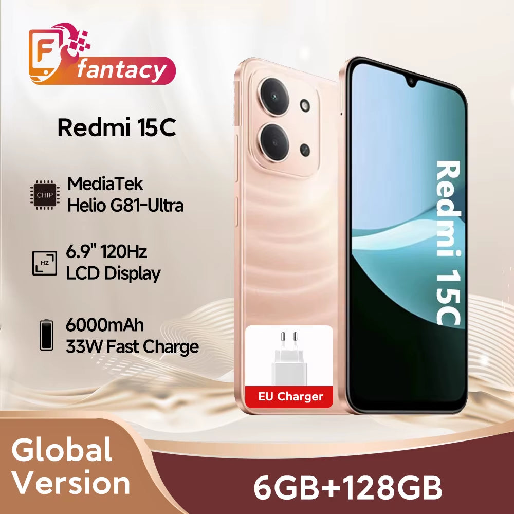 Redmi 15C Global Version 50MP Main Camera Mediatek Helio G81-Ultra 120Hz 6.9" Display 33W Charging 6000Mah Battery