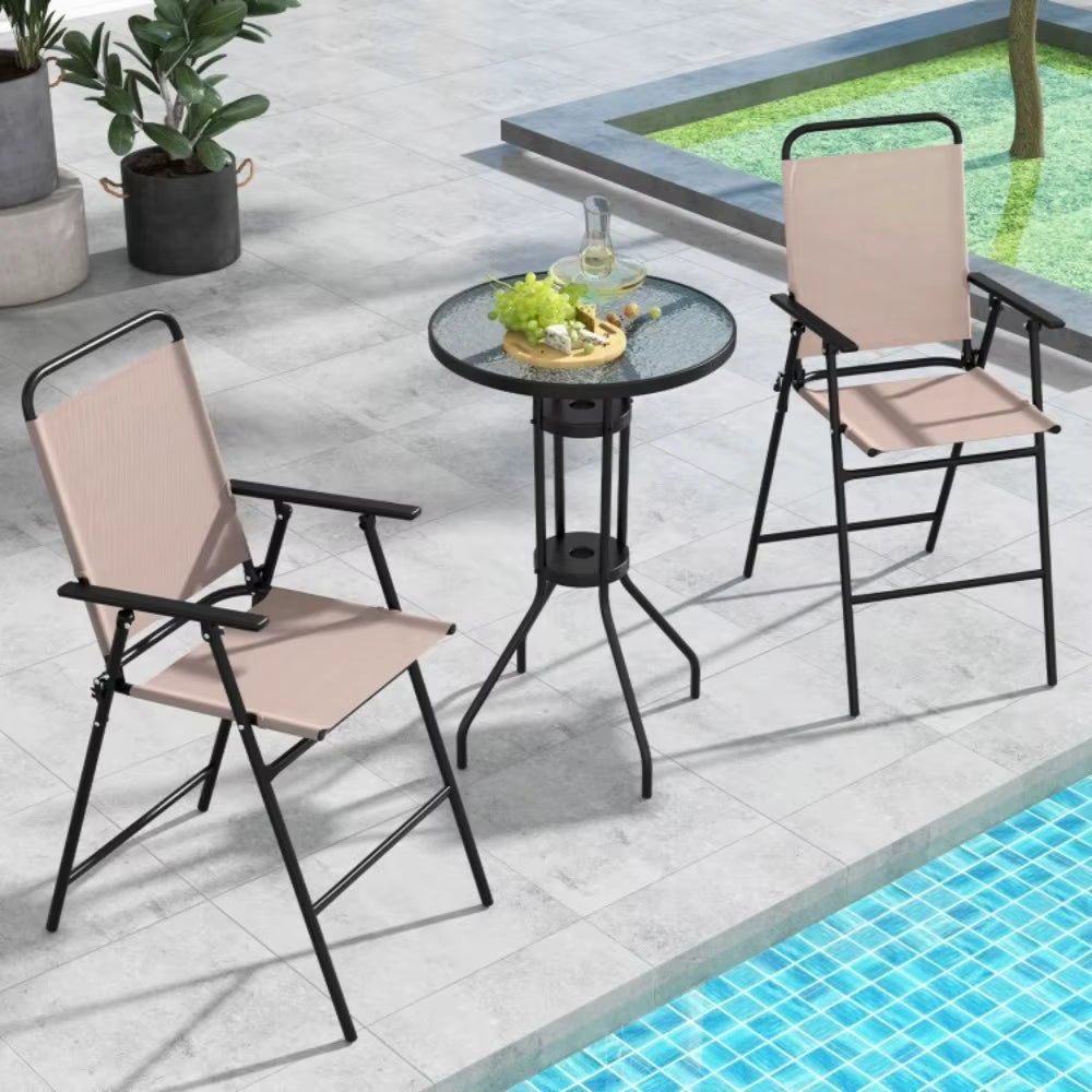 3Pcs Bistro Set Garden Backyard Bar Table Folding Chairs Outdoor Furniture Beige