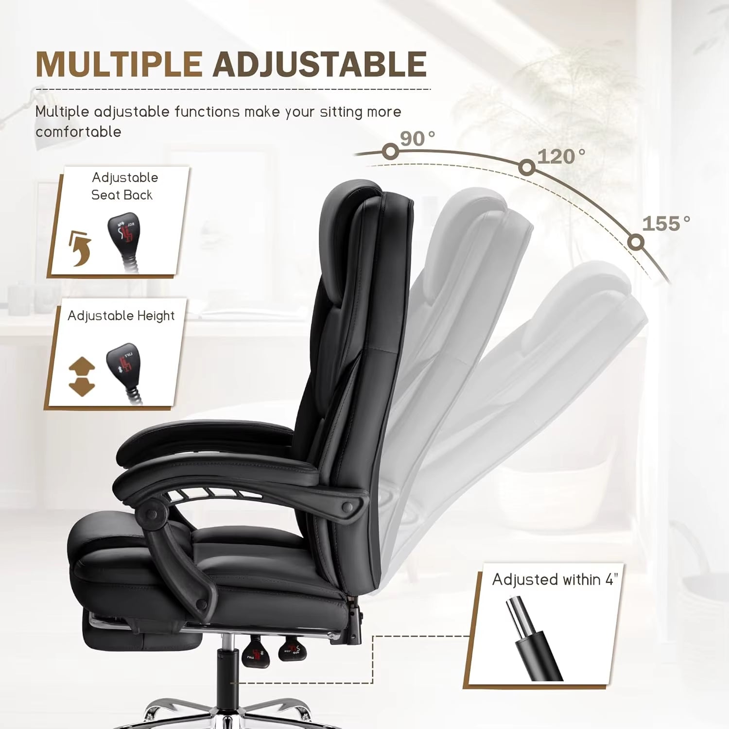 Ergonomic Executive Office Chair with Footrest for Big and Tall Users - Adjustable Reclining Desk Chair for Home and Office