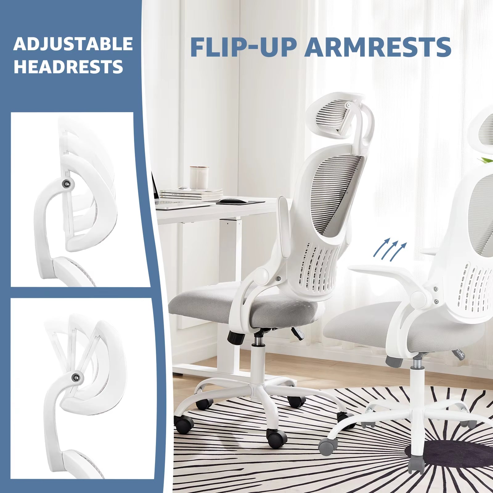 Ergonomic Mesh Office Chair with Adjustable Headrest and Flip-Up Arms, Featuring Comfortable Lumbar Support for Home Office Use