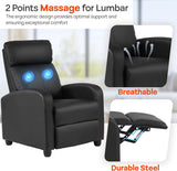 Massage Recliner Sofa with Lumbar Support and Adjustable Backrest for Living Room or Bedroom in Black Leather