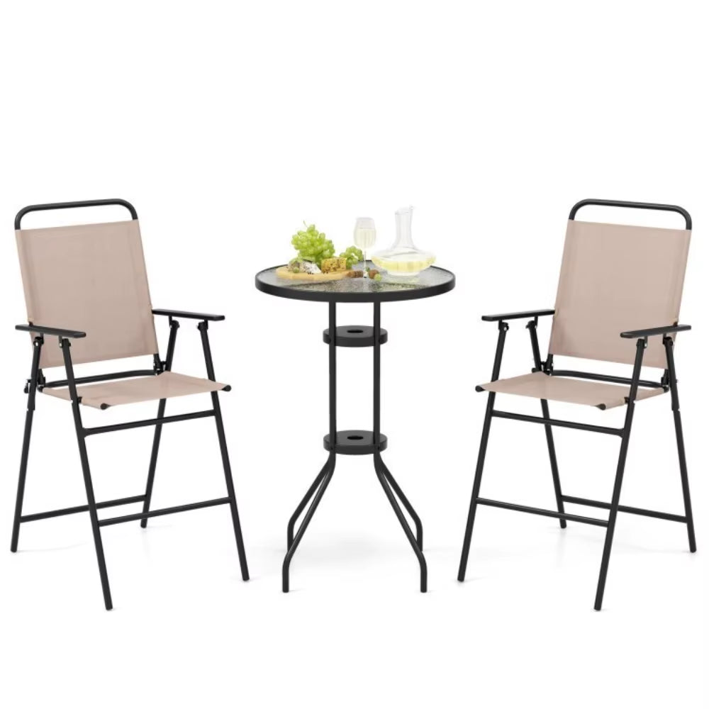 3Pcs Bistro Set Garden Backyard Bar Table Folding Chairs Outdoor Furniture Beige