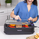 Techwood 1500W Smokeless Indoor Electric Grill with Non-Stick Plates and Tempered Glass Lid - Korean Grill with Temperature Cont