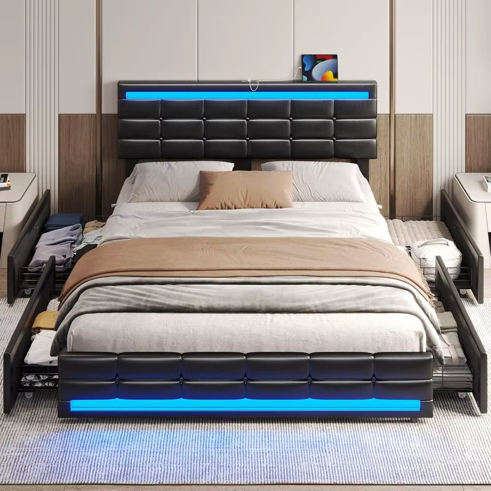 Queen Size LED Leather Bed Frame with Storage and Charging Station