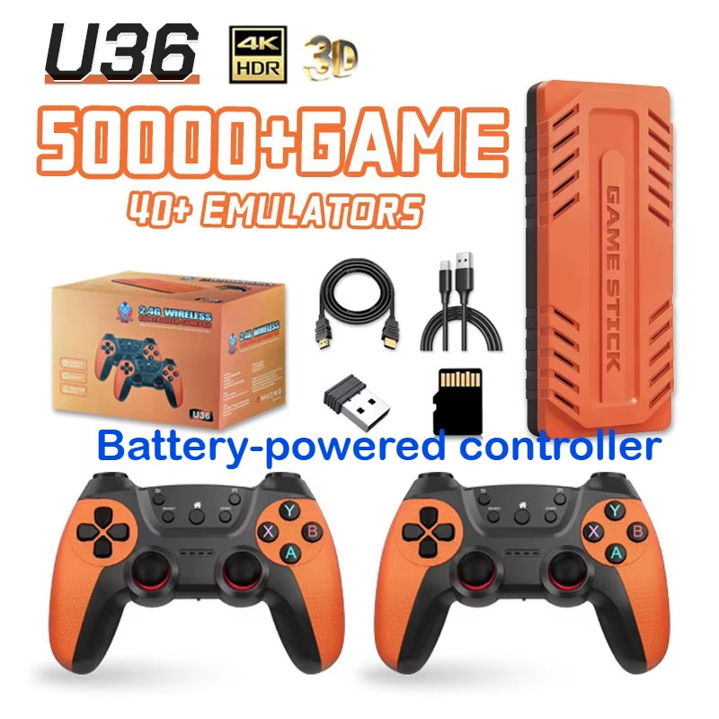 U36 Retro Game Stick 4K Video Game Console 50000+ Games,40+ Emulators, 2 Wireless Controllers,S905X4 Quad Plug and Play TV Game