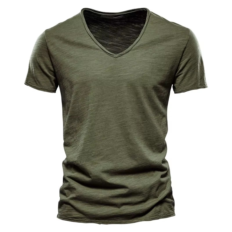 Brand Quality 100% Cotton Men T-Shirt V-Neck Fashion Design Slim Fit Soild T-Shirts Male Tops Tees Short Sleeve T Shirt for Men