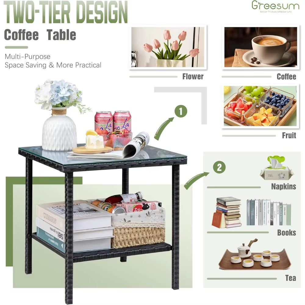 3 Pieces Patio Furniture Set Outdoor Wicker Rocking Chairs with Glass Coffee Table for Garden Backyard Porch Poolside, Beige