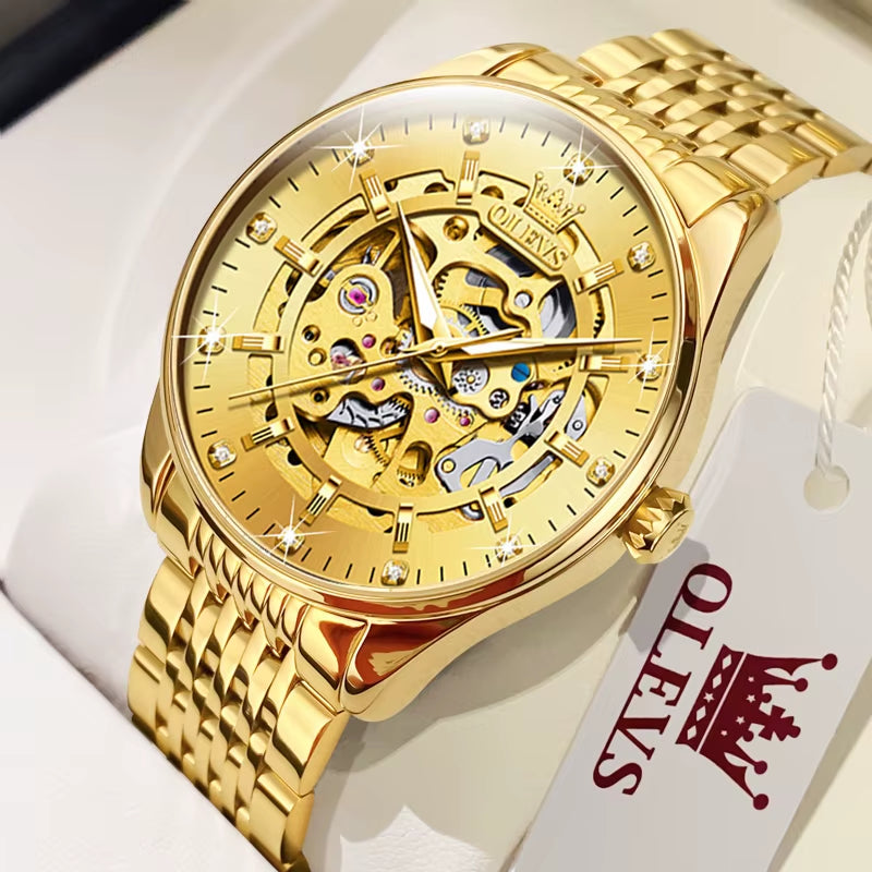 Men'S Watches Luxury Gold Skeleton Automatic Mechanical Wrist Watch for Man Waterproof Stainless Steel Luminous Business
