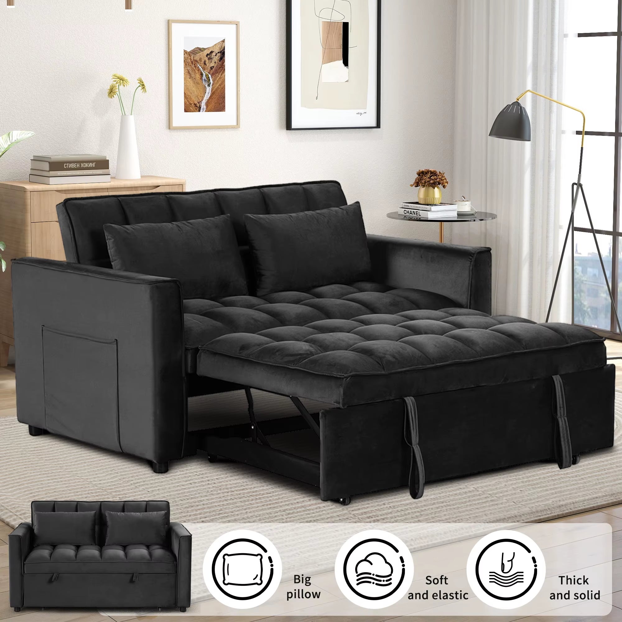 3-In-1 Multifunctional Modern Sofa Bed Comfortable Double Sofa with Pillows