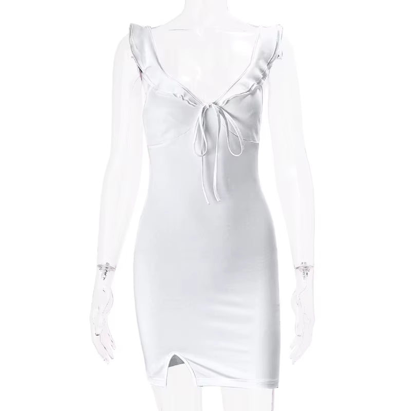 Fashion Women Backless Sleeveless V-Neck Dress Elegant Ruffle Split Mini Summer 2024 Slim Party Clubwear Sexy Vestidos