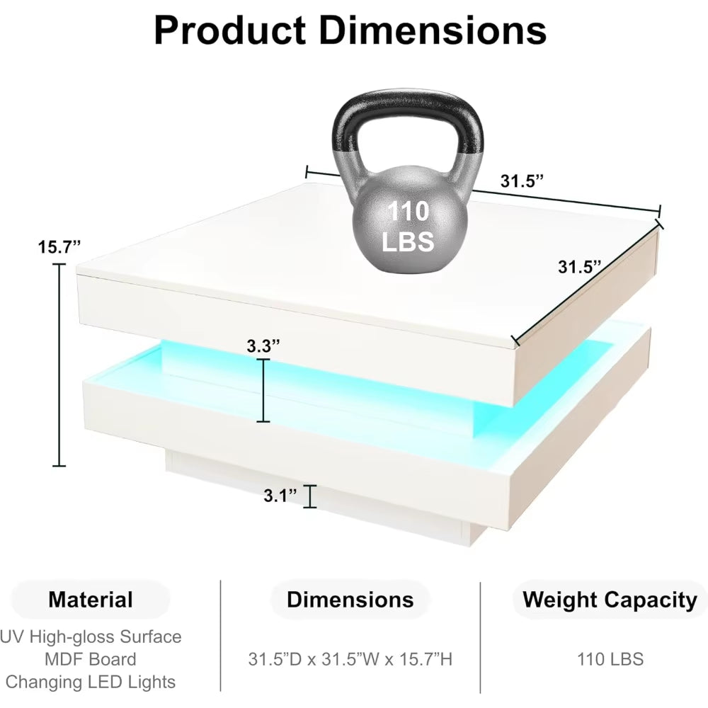 LED Coffee Table for Living Room, 2 Tier Modern Square Middle Center Table, Unique High Gloss Coffee Table with 16 Colors LED